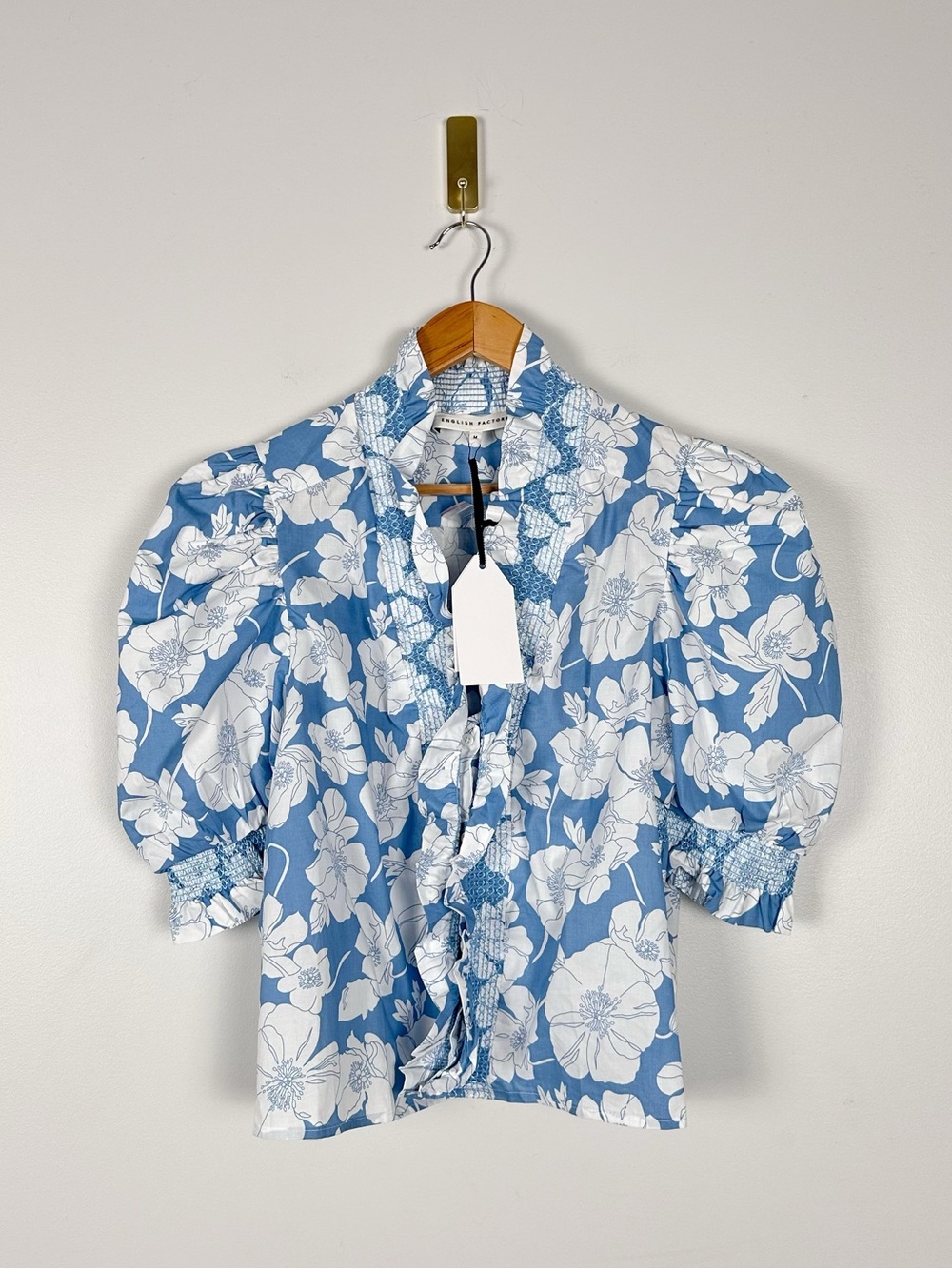 ENGLISH FACTORY Blue Floral Ruffle Neck Aria Blouse - Picture 2 of 9